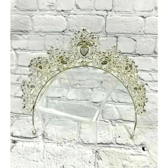 Clear Rhinestone Silver Tone Metal Tiara Crown Pearl Beaded Floral - Picture 9 of 16